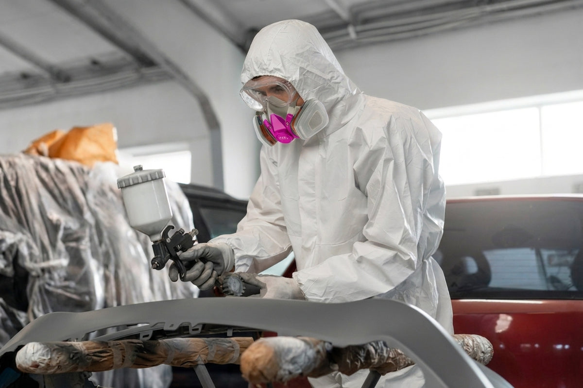 Técnico usando máscara de respiración NA Pink y pistola de pintar NA en taller automotriz